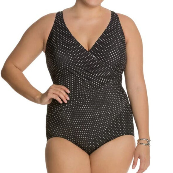 NWOT Miraclesuit Pin Point Oceanus One Piece Swimsuit Polka Dot Black Women 20W - Picture 1 of 10